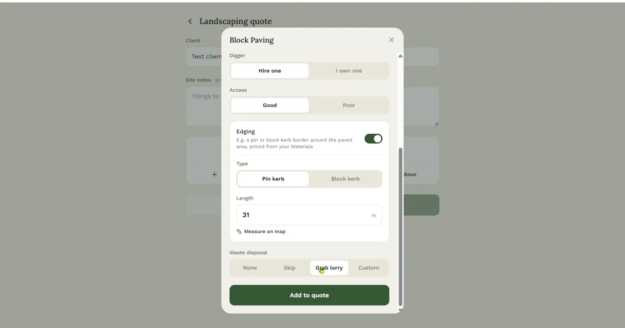 The edging section of the Block Paving form with pin kerb selected, a length of 31 metres and a Measure on map link.