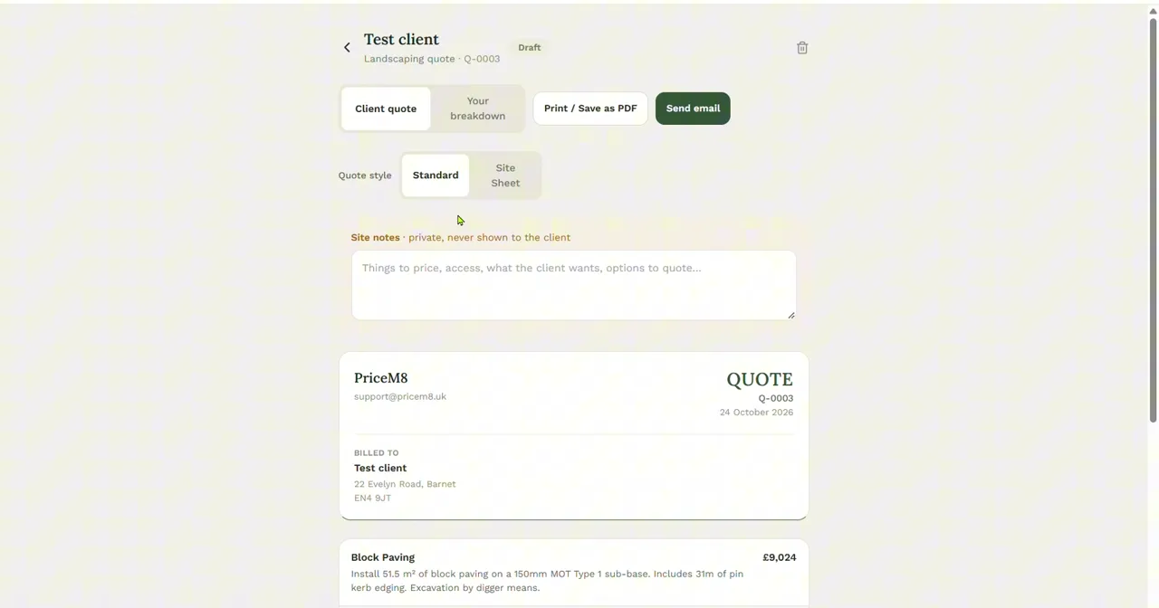 The client quote for a block paving job showing the written description of the work and a price of 9,024 pounds.