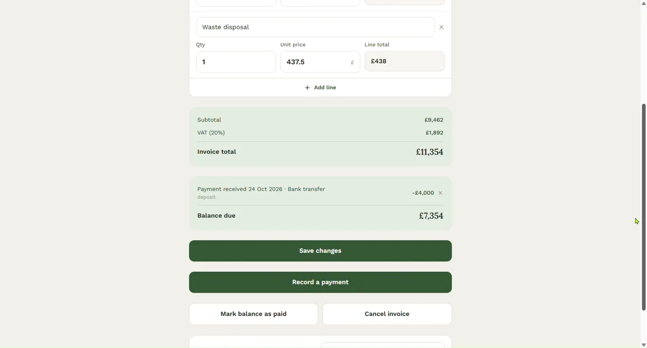 An invoice with a subtotal of 9,462 pounds, VAT of 1,892 pounds, an invoice total of 11,354 pounds, a 4,000 pound deposit received by bank transfer, and a balance due of 7,354 pounds.