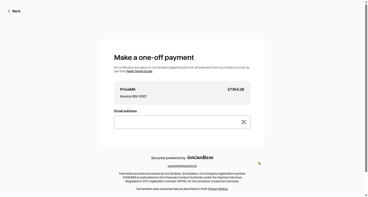 The GoCardless payment page titled Make a one-off payment, showing PriceM8, invoice INV-0001, the amount due and an email address box.