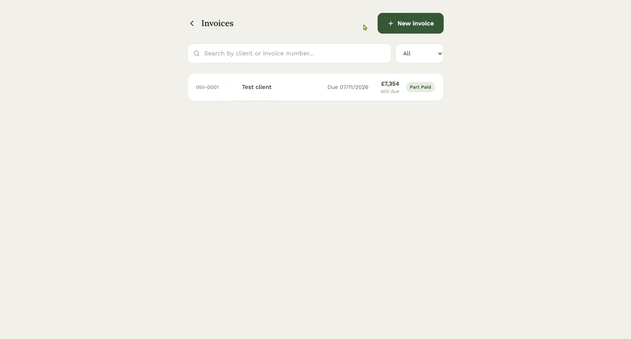 The PriceM8 invoice list with one invoice for a test client marked Part Paid and 7,354 pounds still due.