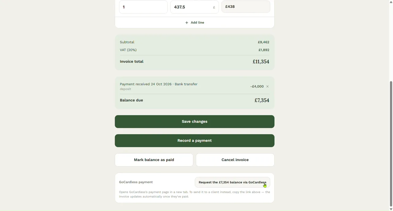 The foot of an invoice with a GoCardless payment section and a button reading Request the 7,354 pound balance via GoCardless.