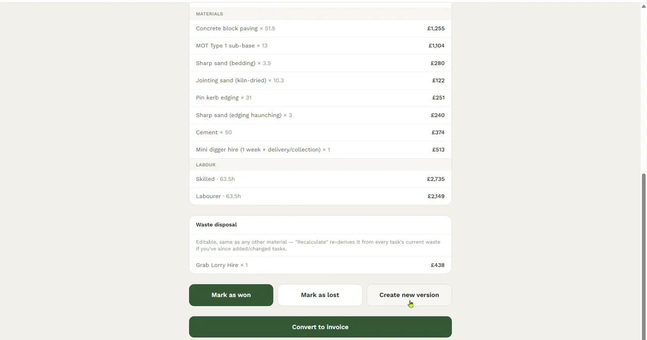 The foot of a quote showing the materials and labour lines, a waste disposal line for a grab lorry, and buttons for Mark as won, Mark as lost, Create new version and Convert to invoice.