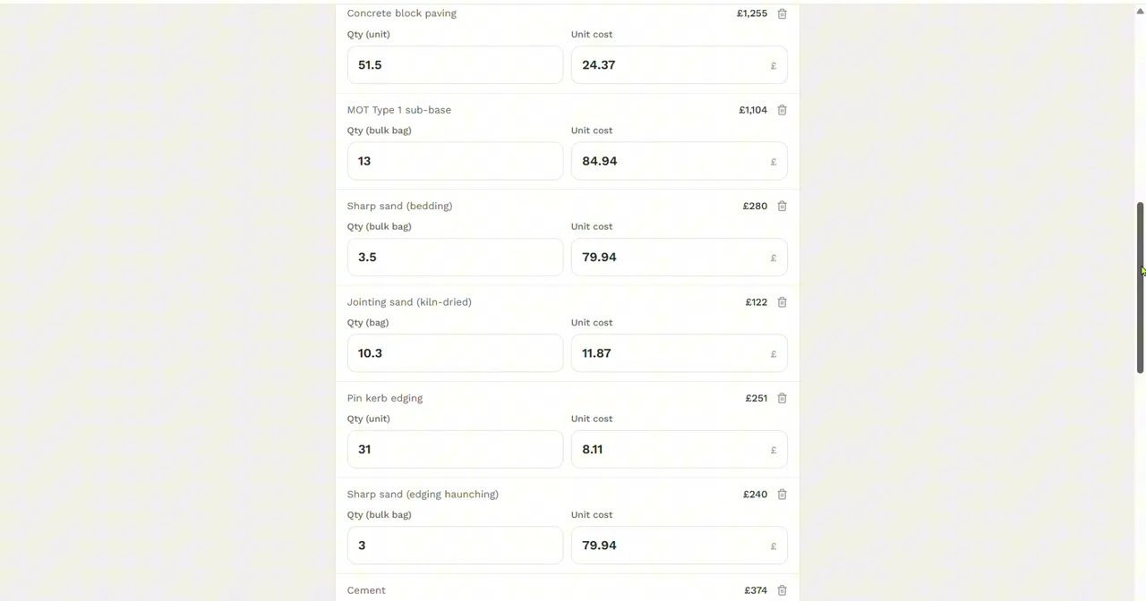 The Your breakdown view listing materials such as concrete block paving, MOT Type 1 sub-base and pin kerb edging, each with an editable quantity and unit cost.